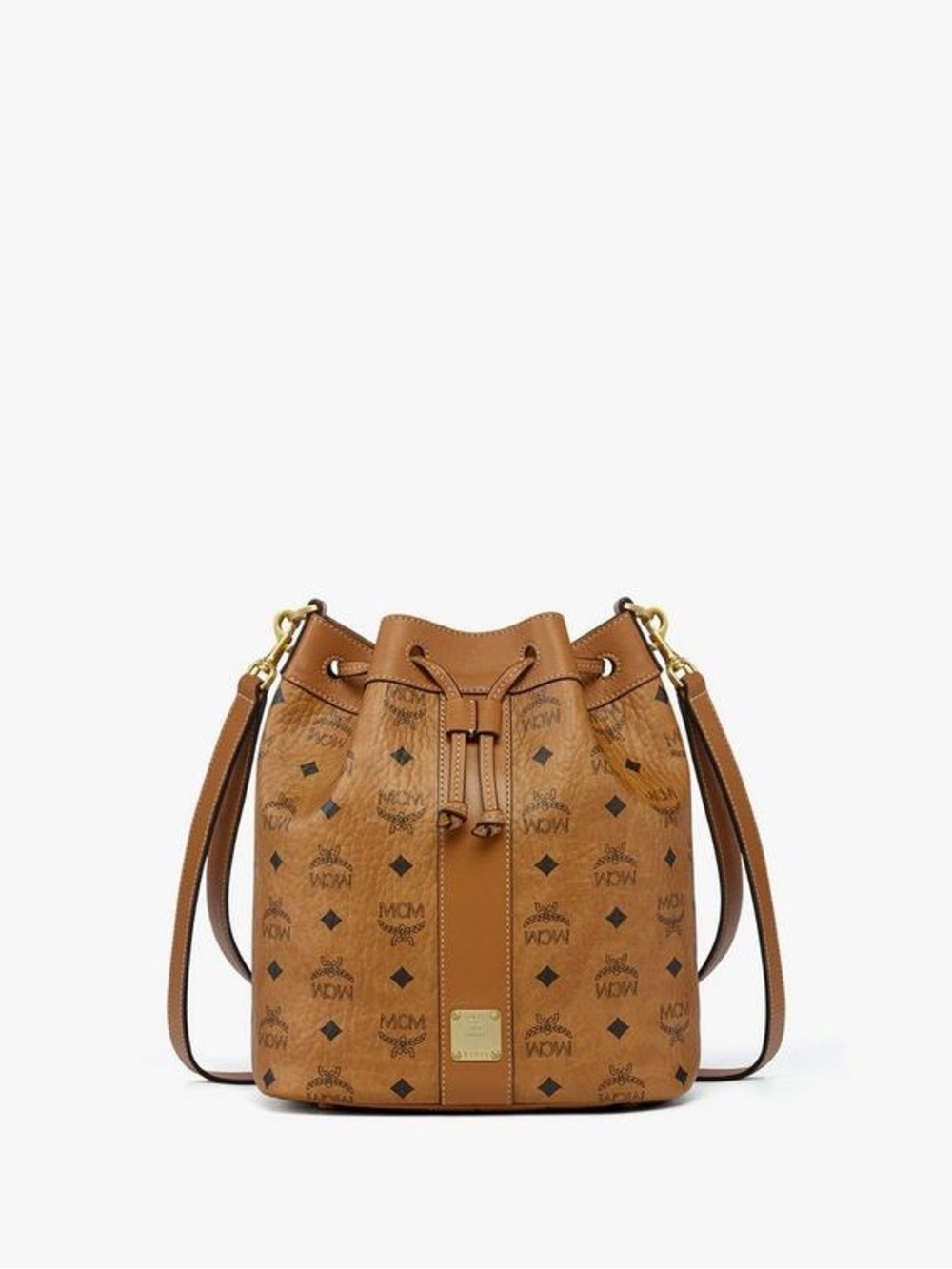 MCM Cognac Logo Visetos Bucket Shoulder Bag